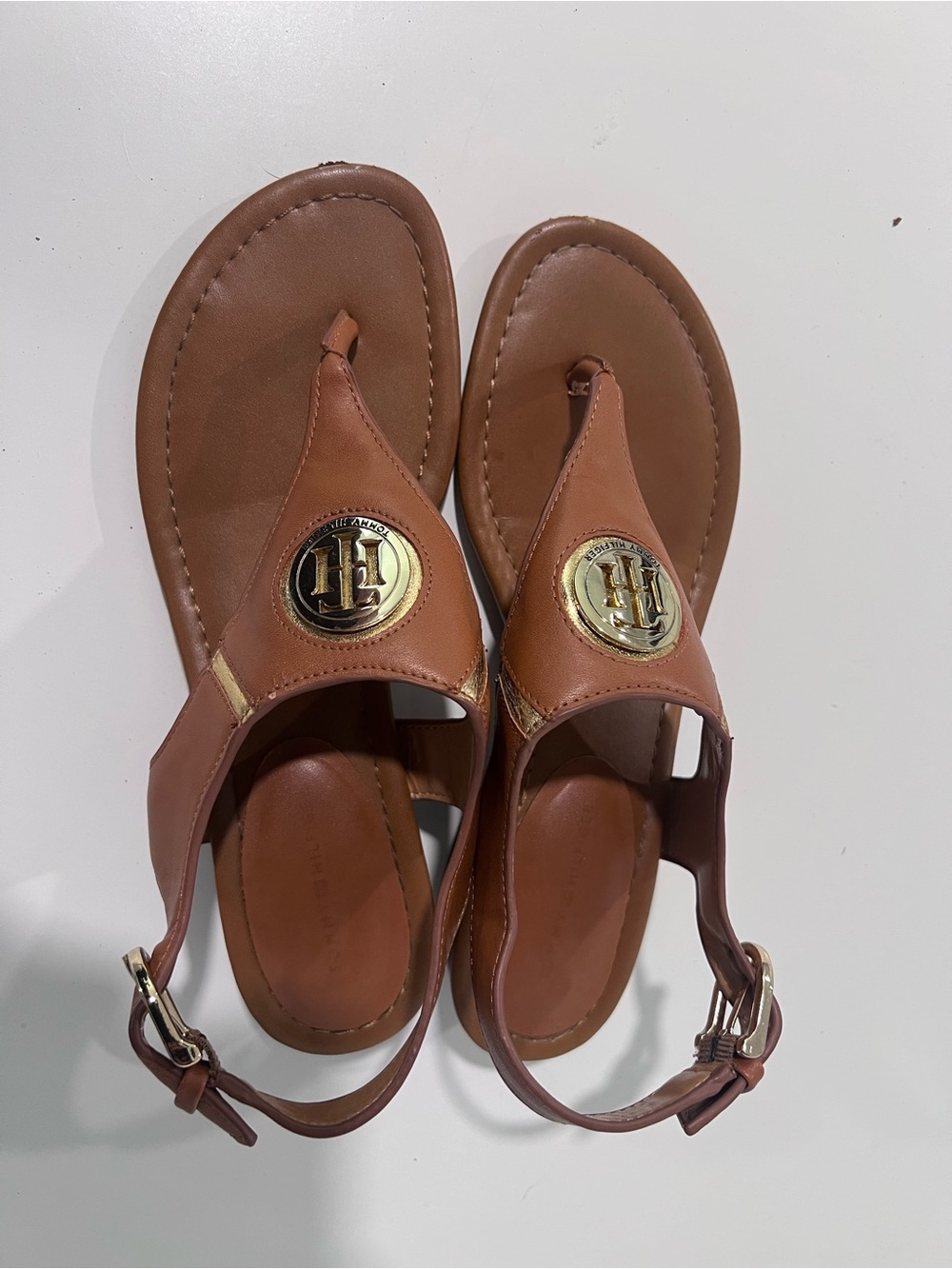 Women's Tommy Hilfiger Tan Leather T-Strap Sandals with Gold Emblem